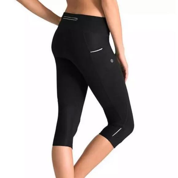 Athleta Be Free Knicker EUC Black XS White Reflectors Capri Side Stash Pocket - Picture 2 of 10